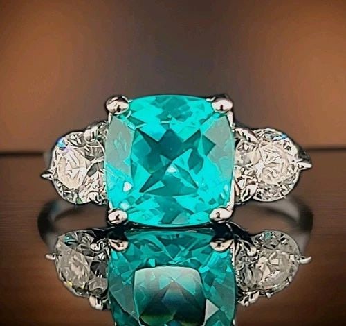 VINTAGE 14K WHITE GOLD ENGAGEMENT RING 4.75CT.LAB GROWN BLUE TOURMALINE CUSHION: VINTAGE 14K WHITE GOLD ENGAGEMENT RING 4.75CT.CARIBBEAN BLUE TOURMALINE CUSHION GORGEOUS vintage 14k white gold engagement ring gem Caribbean blue tourmaline cushion shape Center treated diffused blue