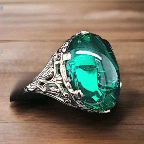 VINTAGE FILIGREE 14K WHITE GOLD RING 14.02CT CABOCHON GREEN LAB GROWN EMERALD: VINTAGE FILIGREE 14K WHITE GOLD RING CABOCHON GREEN EMERALD 14.02CT CIRC 1930'S Gorgeous vintage 14k white gold ring green cabochon oval emerald . Circ 1930's center lab flux growth emerald weight 14.