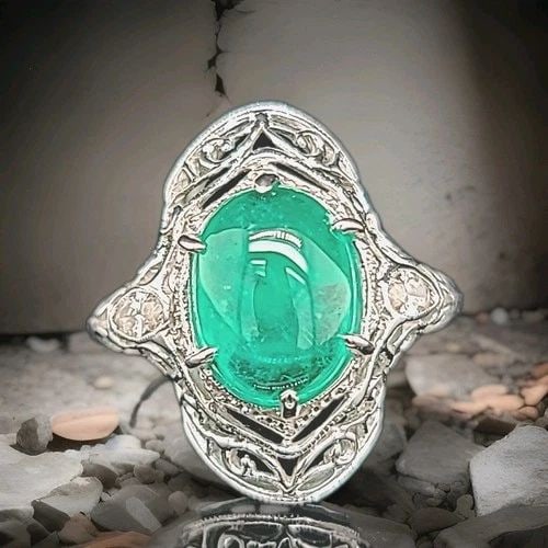 VINTAGE 14K WHITE GOLD RING 3.58CT. CABOCHON NATURAL GREEN COLOMBIA EMERALD (1 of 2)