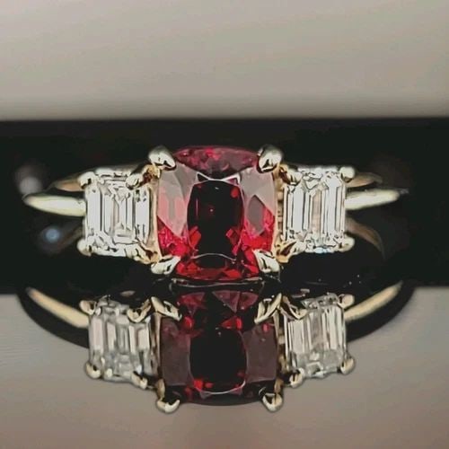 NATURAL VIVID RED SPINEL 1.20 CT FLAWLESS SPINEL 14K WHITE GOLD ENGAGEMENT RING: 14K WHITE GOLD 1.20CT. ENGAGEMENT RING NATURAL UNTREATED BURMA SPINEL FLAWLESS Gorgeous natural red spinel Diamond 14k white gold engagement ring center natural untreated red spinel cushion shape weig