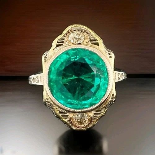 VINTAGE FILIGREE 14K WHITE GOLD RING 5.44CT.ROUND GREEN LAB GROWN EMERALD 1920'S: VINTAGE FILIGREE 14K WHITE GOLD RING 5.44CT.ROUND GREEN EMERALD CIRC 1920'S GORGEOUS ANTIQUE 14K WHITE GOLD RING GEM GREEN EMERALD RING circ 1920's CENTER Lab FLUXGROWTH ROUND EMERALD 5.44CT. size 12M