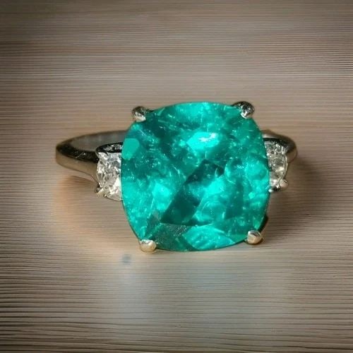 VINTAGE 14K WHITE GOLD ENGAGEMENT RING 5.95CT. LAB GROWN BLUE NEON TOURMALINE: VINTAGE 14K WHITE GOLD ENGAGEMENT RING 5.98CT.BLUE TOURMALINE CUSHION SHAPE GORGEOUS vintage 14K WHITE GOLD engagement ring blue tourmaline in cushionl shape center lab grown blue tourmaline weight 5.