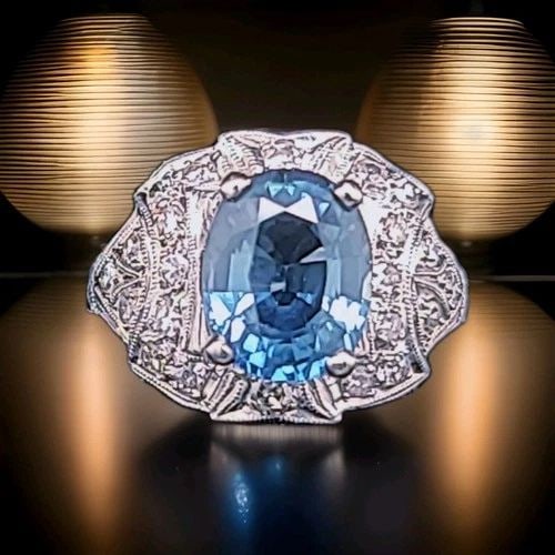 VINTAGE FILIGREE PLATINUM ENGAGEMENT RING 2.81CT. NATURAL BLUE SAPPHIRE OVAL CUT (1 of 2)