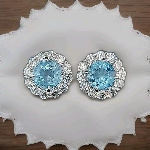 NATURAL SKY BLUE ROUND AQUAMARINE DIAMOND STUDS EARRINGS 4.64CT 14K WHITE GOLD (1 of 2)