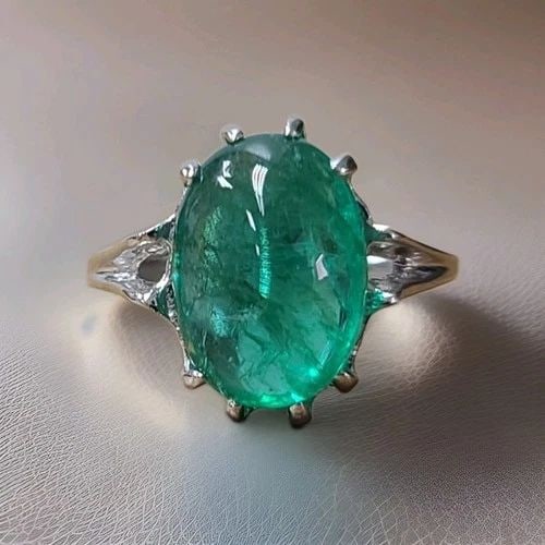 VINTAGE 14K WHITE GOLD ENGAGEMENT RING 4.05CT. NATURAL GREEN EMERALD CABOCHON: VINTAGE 14K WHITE GOLD ENGAGEMENT RING 4.05CT. NATURAL GREEN EMERALD CABOCHON GORGEOUS vintage 14k white gold natural green emerald in cabochon oval shape circ 1940s Center natural green emerald weigh