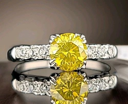 PLATINUM VINTAGE ENGAGEMENT RING 1.18CT NATURAL ROUND FANCY VIVID YELLOW DIAMOND (1 of 2)