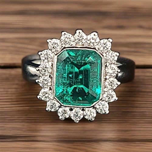 14K WHITE GOLD ENGAGEMENT RING 3.80CT. LAB-GROWN GREEN EMERALD RECTANGULAR: 14K WHITE GOLD ENGAGEMENT RING 3.80CT. GEM GREEN EMERALD RECTANGULAR SHAPE Gorgeous 14k white gold ring Gem Green emerald. Center set Gem lab grown green emerald in rectangular shape weight 2.85ct. si