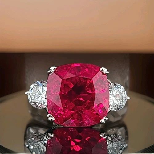 VINTAGE 14K WHITE GOLD ENGAGEMENT RING 9.23CT LAB GROWN RUBY CUSHION SHAPE: VINTAGE 14K WHITE GOLD ENGAGEMENT RING 9.23CT LAB CREATED RUBY CUSHION SHAPE GORGEOUS VINTAGE 14K WHITE GOLD ENGAGEMENT RUBY RING CENTER LAB CREATED GROWN RUBY IN CUSHION SHAPE WEIGHT 9.23CARAT size 1
