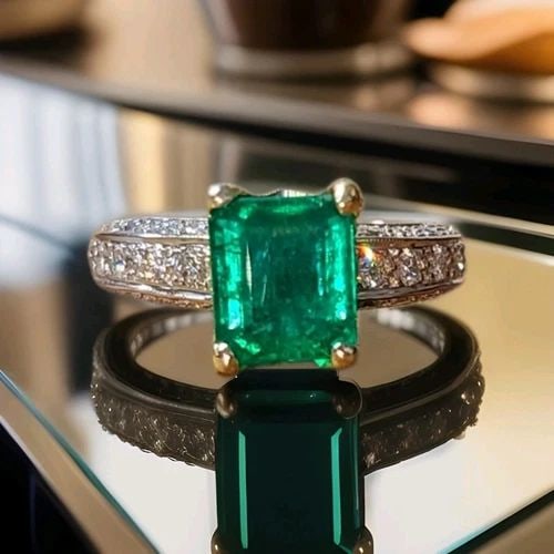 VINTAGE 14K TWO-TONE GOLD ENGAGEMENT RING 2.09CT NATURAL GREEN EMERALD DIAMOND: VINTAGE 14K TWO-TONE GOLD ENGAGEMENT RING 2.09CT NATURAL GREEN EMERALD DIAMOND This Vintage 14k Two-tone gold Engagement ring features a stunning 2.09ct Natural Green Emerald as the main stone. The ri