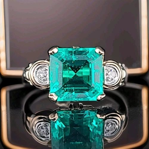 VINTAGE 14K YELLOW GOLD ENGAGEMENT RING 3.65CT.LAB GROWN GREEN SQUARE EMERALD (1 of 2)