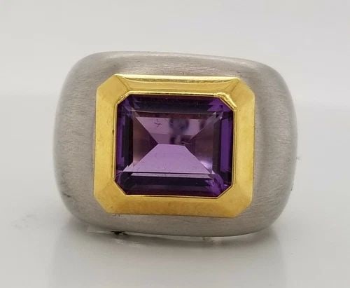 ITALIAN DESIGN 18K MULTI GOLD NATURAL AMETHYST RING 5.45CT IN EMERALD CUT (1 of 2)