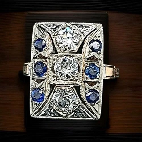 14K WHITE GOLD VINTAGE NATURAL OLD MINE CUT SAPPHIRE DIAMOND RING 1.65CT: 14K WHITE GOLD VINTAGE NATURAL OLD MINE CUT SAPPHIRE DIAMOND RING 1.65CT Gorgeous Vintage art deco Natural old mine cut diamond blue sapphire 14k yellow white gold ring center set three old mine cut n
