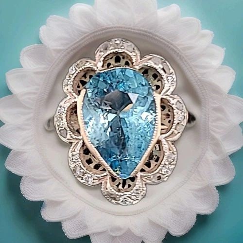 4.03CT. GEORGIAN AQUAMARINE RING NATURAL DIAMOND 14K ROSE GOLD & SILVER 1800'S (1 of 2)