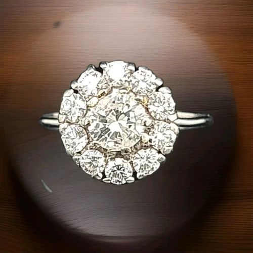 VINTAGE PLATINUM COCKTAIL RING NATURAL ROUND DIAMONDS 1.57CT CIRC 1920'S: VINTAGE PLATINUM RING NATURAL ROUND DIAMONDS 1.57CT SI2-H CIRC 1920'S Gorgeous Vintage platinum ring circ 1920's center set natural round shape diamond weight 0.52ct H- SI2 SIZE 5.2mm side set natural