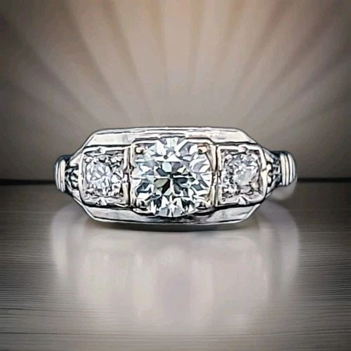 VINTAGE 14K WHITE GOLD ENGAGEMENT RING 1.12CT.NATURAL ROUND DIAMOND CIRC 1930'S: VINTAGE 14K WHITE GOLD ENGAGEMENT RING 1.12CT.NATURAL ROUND DIAMOND CIRC 1930'S Vintage 14k white gold engagement ring. Center natural old euro cut diamond WEIGHT 0.90ct. SIZE 6mm SI1-J-K VERY CLEAN, 