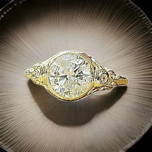 14K YELLOW GOLD VINTAGE FILIGREE ENGAGEMENT RING 2.02CT.LAB-GROWN ROUND DIAMOND: 14K YELLOW GOLD VINTAGE FILIGREE ENGAGEMENT RING 2.02CT.LAB-GROWN ROUND DIAMOND This stunning vintage Art Deco filigree engagement ring, crafted in 14K yellow gold, features a lab grown round-cut diam