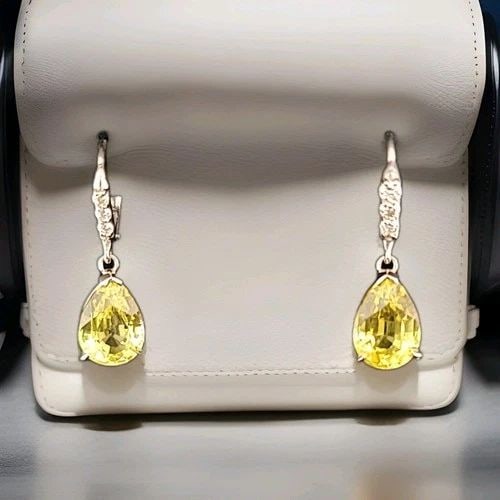 14K WHITE GOLD LAB-GROWN YELLOW SAPPHIRE & DIAMOND EARRINGS – 6.78CTW, 1.5 INCH: 14K WHITE GOLD GEM YELLOW SAPPHIRE EARRINGS 6.78CT PEAR SHAPE Gorgeous 14k white gold earrings 6.78ct total weight lab grown yellow sapphire in pear shape ,size 12x9mm Very clean, nice cut,very brilli