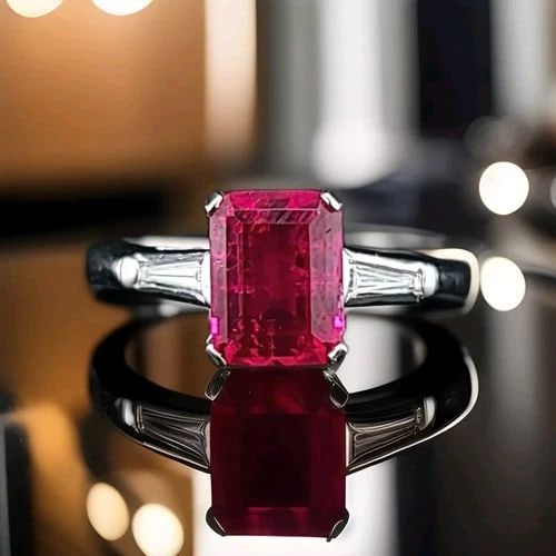 VINTAGE PLATINUM ENGAGEMENT RING 2.12CT. LAB GROWN RUBY EMERALD CUT: VINTAGE PLATINUM ENGAGEMENT RING 2.12CT. LAB CREATED RUBY EMERALD CUT Gorgeous Vintage platinum ring circ 1930's center lab grown created ruby in emerald shape weight 2.12ct. Size 8x6 Very transparenc
