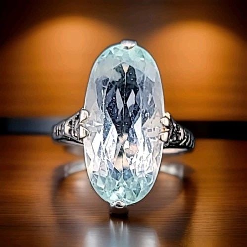 VINTAGE FILIGREE 14K WHITE GOLD RING 9.28CT. NATURAL AQUAMARINE OVAL SHAPE: VINTAGE FILIGREE 14K WHITE GOLD RING 9.28CT. NATURAL AQUAMARINE OVAL SHAPE Gorgeous vintage filigree 14k white gold engagement aquamarine Ring circ 1920's center natural light blue aquamarine oval sha