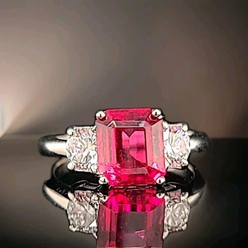 14K WHITE GOLD ENGAGEMENT RING 2.20CT. NATURAL PINK TOURMALINE EMERALD CUT: 14K WHITE GOLD ENGAGEMENT RING 2.20CT. NATURAL PINK TOURMALINE EMERALD CUT Gorgeous vintage 14k white gold engagement ring with natural pink tourmaline rubellite emerald shape center set natural pink 