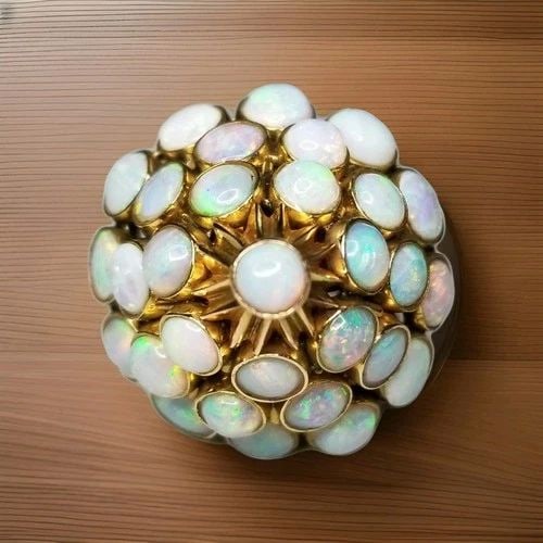 VINTAGE 14K YELLOW GOLD STATEMENT RING 3.50CT. NATURAL ROUND OPAL: VINTAGE 14K YELLOW GOLD STATEMENT RING 3.50CT. NATURAL ROUND OPAL ANTIQUE 14K YELLOW GOLD OPAL RING SET SET ROUND SHAPE NATURAL OPAL Total WEIGHT 3.50 CARAT GORGEOUS OPALS, CLEAN, VERY NICE CUT, AMAZI