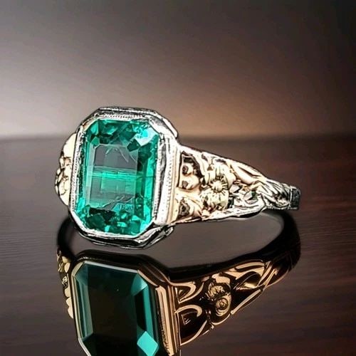VINTAGE 14K GOLD ENGAGEMENT RING 2.45CT.LAB GROWN GREEN EMERALD RECTANGULAR: VINTAGE 14K WHITE GOLD ENGAGEMENT RING 2.45CT. GEM EMERALD RING CIRC 1920'S GORGEOUS ANTIQUE ART DECO 14K WHITE GOLD RING GEM GREEN EMERALD RING circ 1920's CENTER Lab FLUXGROWTH EMERALD weight 2.45CT