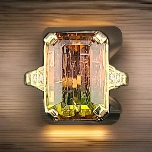 VINTAGE 14K YELLOW GOLD ENGAGEMENT RING 7.73CT. NATURAL BIO TOURMALINE: VINTAGE 14K YELLOW GOLD ENGAGEMENT RING 7.73CT. NATURAL BIO TOURMALINE Vintage 14k yellow gold natural bio tourmaline rectangular shape center set natural bio tourmaline rectangular weight 7.73ct. siz
