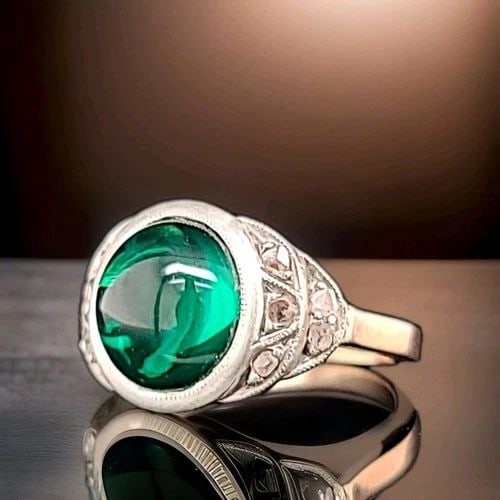 4.02CT. GEORGIAN LAB EMERALD RING ROSE CUT DIAMOND 14K & SILVER CIRC 1800'S (1 of 2)