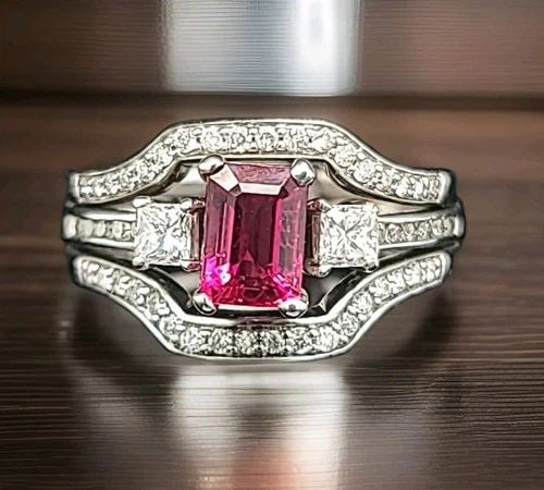 14K WHITE GOLD ENGAGEMENT RING 1.78CT NATURAL PINK RUBELLITE TOURMALINE: 14K WHITE GOLD ENGAGEMENT RING 1.75CT NATURAL PINK RUBELLITE TOURMALINE GORGEOUS 14K white gold natural tourmaline ring center natural rubelite tourmaline pink color in emerald cut weight 1.03ct. size
