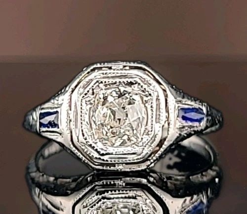 0.65CT VINTAGE FILIGREE RING OLD MINE CUT DIAMOND BELAIS 18K WHITE GOLD: 0.65CT VINTAGE FILIGREE RING OLD MINE CUT DIAMOND BELAIS 18K WHITE GOLD Gorgeous Vintage Antique 18k white gold Engagement ring filigree art deco ROUND OLD CUT Diamond circ 1920's center set natural o