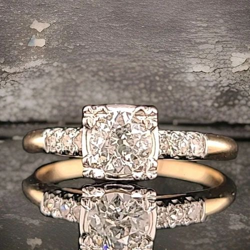 VINTAGE 14K TWO-TONE GOLD ENGAGEMENT RING 0.70CT. NATURAL OLD EURO CUT DIAMOND: VINTAGE 14K TWO-TONE GOLD ENGAGEMENT RING 0.70CT. NATURAL OLD EURO CUT DIAMOND This vintage 14k two-tone gold engagement ring is a true antique, from the Art Deco era of 1915-1935. It features a beaut