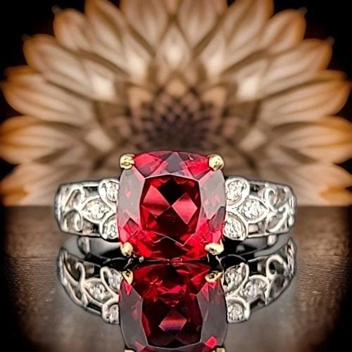 14K YELLOW GOLD ENGAGEMENT RING 2.55CT. NATURAL RED GARNET CUSHION SHAPE: 14K YELLOW GOLD ENGAGEMENT RING 2.55CT. NATURAL RED GARNET CUSHION SHAPE GORGEOUS 14k white yellow gold ring center natural red Garnet in a cushion shape weight 2.55ct. size 9x9mm nice deep rich red c