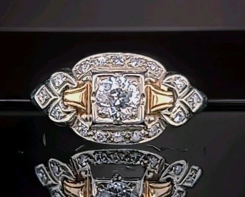 18K 14K WHITE YELLOW GOLD VINTAGE RING 0.45CT NATURAL OLD EURO CUT DIAMOND: 18K 14K WHITE YELLOW GOLD VINTAGE RING 0.45CT NATURAL OLD EURO CUT DIAMOND This authentic circa 1920s Art Deco engagement ring is beautifully crafted in a combination of 18K white gold and 14K yellow 