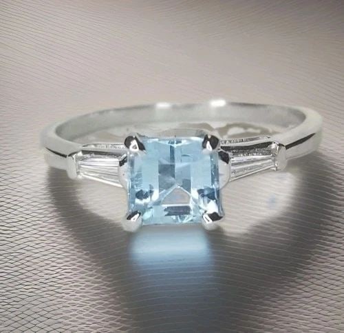 VINTAGE PLATINUM ENGAGEMENT RING 0.85CT. NATURAL SKY BLUE AQUAMARINE EMERALD CUT: VINTAGE PLATINUM ENGAGEMENT RING 0.85CT. NATURAL SKY BLUE AQUAMARINE EMERALD CUT Gorgeous Vintage platinum engagement set with magnificent natural aquamarine center natural emerald shape blue color aq