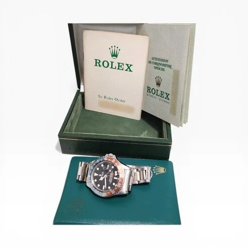 FULL SET 1972 ROLEX GMT MASTER 40 MM W/HACK PEPSI BEZEL STEEL WATCH 1675: FULL SET 1972 ROLEX GMT MASTER 40 MM W/HACK PEPSI BEZEL STEEL WATCH Manufacturer Rolex Category GMT Master Subcategory Plastic Crystal Reference Number 1675 Additional Keywords 40mm Band Stainless Ste