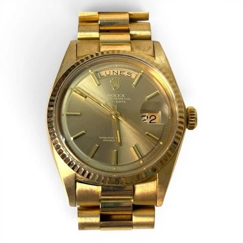 W/BOX ROLEX DAY-DATE PRESIDENT 36 MM 18K YELLOW GOLD WATCH 1803 CIRCA 1970: W/BOX ROLEX DAY-DATE PRESIDENT 36 MM 18K YELLOW GOLD WATCH 1803 CIRCA 1970 Manufacturer Rolex Category Day-Date President Reference Number 1803 Additional Keywords VERY RARE EXOTIC ,DIAL COLOR SPANISH