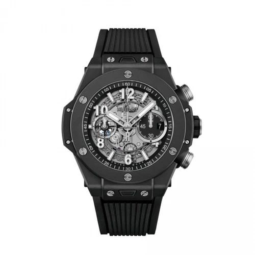 HUBLOT BIG BANG UNICO BLACK MAGIC 44 MM CERAMIC WATCH 421.CI.1170.RX: HUBLOT BIG BANG UNICO BLACK MAGIC 44 MM CERAMIC WATCH Manufacturer Hublot Category Big Bang UNICO Subcategory Black Magic Reference Number 421.CI.1170.RX Band Color Black Band Type Rubber Box Yes Cond