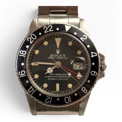 ROLEX GMT MASTER 40 MM STEEL BLACK BEZEL AUTOMATIC WATCH 1675 CIRCA 1968: ROLEX GMT MASTER 40 MM STEEL BLACK BEZEL AUTOMATIC WATCH 1675 CIRCA 1968 Manufacturer Rolex Category GMT Master Subcategory Plastic Crystal Reference Number 1675 Band Stainless Steel Band Color Steel 