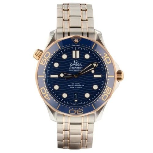 OMEGA SEAMASTER DIVER 42 MM AUTOMATIC TWO TONE BLUE WATCH 210.20.42.20.03.002: OMEGA SEAMASTER DIVER 42 MM AUTOMATIC TWO TONE BLUE WATCH Manufacturer Omega Category Seamaster Subcategory Diver 300M Reference Number 210.20.42.20.03.002 Band Type 18k Rose Gold and Stainless Steel 