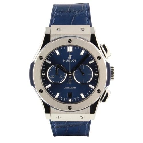HUBLOT CLASSIC FUSION CHRONO TITANIUM AUTOMATIC 42 MM BLUE WATCH 541.NX.7170.LR: HUBLOT CLASSIC FUSION CHRONO TITANIUM AUTOMATIC 42 MM BLUE WATCH Manufacturer Hublot Category Classic Fusion Reference Number 541.NX.7170.LR Band Color Blue Band Type Alligator Box Yes Caliber HUB1153