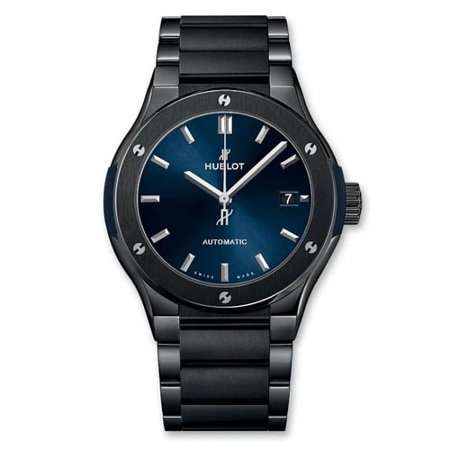 HUBLOT CLASSIC FUSION BLUE DIAL 45 MM CERAMIC AUTOMATIC WATCH 510.CM.7170.CM: HUBLOT CLASSIC FUSION BLUE DIAL 45 MM CERAMIC AUTOMATIC WATCH Manufacturer Hublot Category Classic Fusion Reference Number 510.CM.7170.CM Band Type Ceramic Bezel Screws bezel Box Yes Case Mes 45 mm Cl