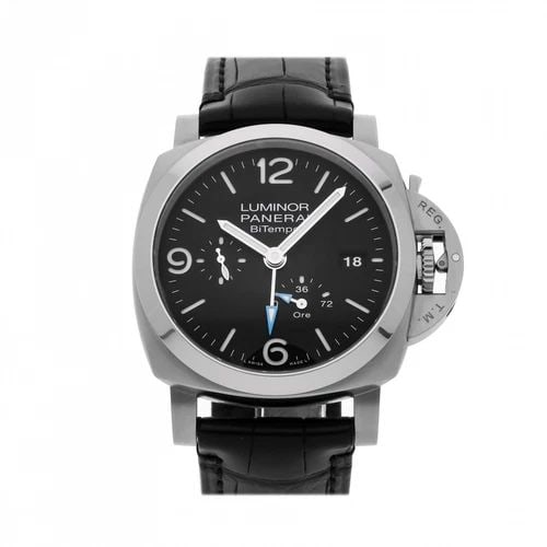 NEW PANERAI LUMINOR BITEMPO STAINLESS STEEL AUTOMATIC SELF WIND WATCH PAM01360: NEW PANERAI LUMINOR BITEMPO STAINLESS STEEL AUTOMATIC SELF WIND WATCH Manufacturer Panerai Category Luminor Reference Number PAM01360 Additional Keywords BiTempo Band Color Black Band Type Alligator B