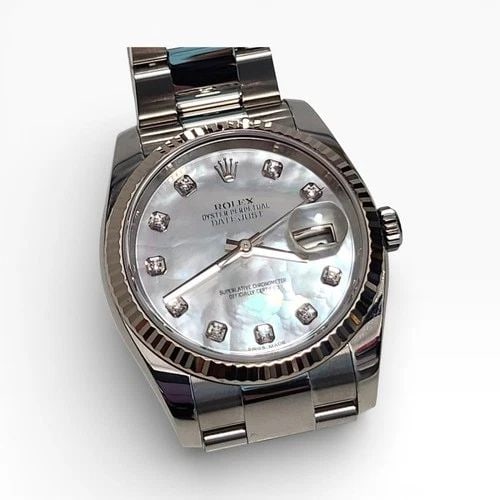 ROLEX DATEJUST 36 MM MOP DIAMOND DIAL 18K WHITE GOLD BEZEL OYSTER WATCH 116234: ROLEX DATEJUST 36 MM MOP DIAMOND DIAL 18K WHITE GOLD BEZEL OYSTER WATCH Manufacturer Rolex Category Mens Datejust 36mm Subcategory Sapphire Crystal Quick Set Reference Number 116234 Band Stainless Ste