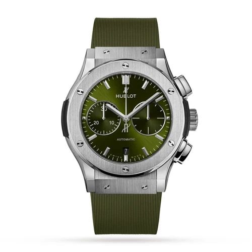 HUBLOT CLASSIC FUSION CHRONOGRAPH 45 MM GREEN TITANIUM WATCH 521.NX.8970.RX: HUBLOT CLASSIC FUSION CHRONOGRAPH 45 MM GREEN TITANIUM WATCH Manufacturer Hublot Category Classic Fusion Subcategory Chronograph Reference Number 521.NX.8970.RX Band Color Green Band Type Rubber Box Y
