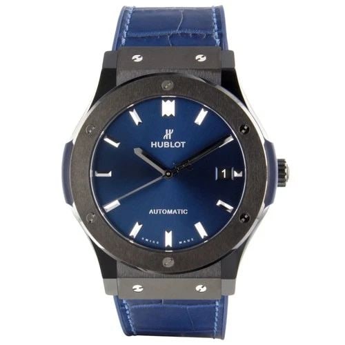 HUBLOT CLASSIC FUSION CERAMIC BLUE DIAL 45 MM AUTOMATIC WATCH 511.CM.7170.LR: HUBLOT CLASSIC FUSION CERAMIC BLUE DIAL 45 MM AUTOMATIC WATCH Manufacturer Hublot Category Classic Fusion Reference Number 511.CM.7170.LR Band Color Blue Band Type Alligator Box Yes Caliber HUB1112 Co