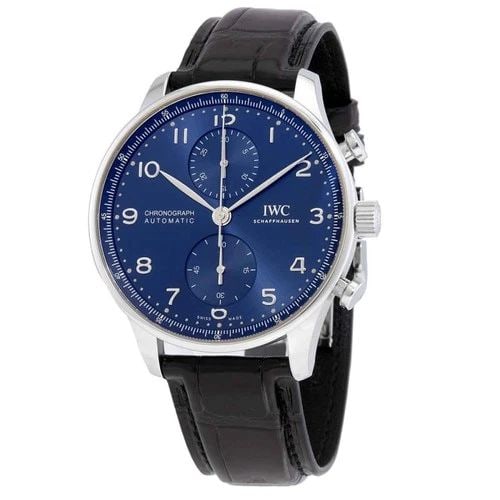 IWC PORTUGUESE STEEL 41 MM CHRONOGRAPH BLUE DIAL AUTOMATIC WATCH IW371606: IWC PORTUGUESE STEEL 41 MM CHRONOGRAPH BLUE DIAL AUTOMATIC WATCH Manufacturer IWC Category Portugieser Reference Number IW371606 Band Color Black Band Type Leather Strap Box Yes Condition New with tag