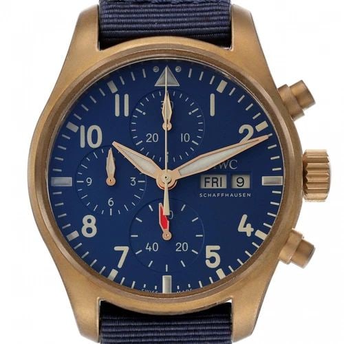 NEW IWC PILOTS CHRONOGRAPH BRONZE AUTOMATIC 41 MM BLUE WATCH IW388109: NEW IWC PILOTS CHRONOGRAPH BRONZE AUTOMATIC 41 MM BLUE WATCH Manufacturer IWC Category Pilots Subcategory Chronograph Reference Number IW388109 Band Color Blue Band Type Fabric Box Yes Condition New w