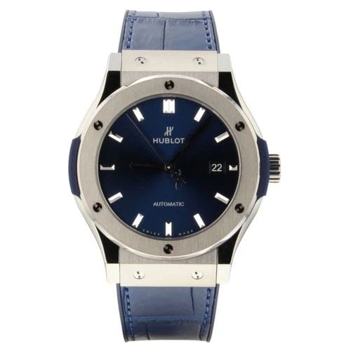 HUBLOT CLASSIC FUSION TITANIUM AUTOMATIC 42MM BLUE LEATHER WATCH 542.NX.7170.LR: HUBLOT CLASSIC FUSION TITANIUM AUTOMATIC 42MM BLUE LEATHER WATCH Manufacturer Hublot Category Classic Fusion Reference Number 542.NX.7170.LR Band Color Blue Band Type Alligator Box Yes Caliber HUB1110