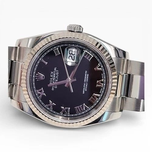 ROLEX DATEJUST 36MM STEEL BLACK ROMAN WHITE GOLD BEZEL WATCH 116234 D SERIE 2006: ROLEX DATEJUST 36MM STEEL BLACK ROMAN WHITE GOLD BEZEL WATCH Manufacturer Rolex Category Mens Datejust 36mm Subcategory Sapphire Crystal Quick Set Reference Number 116234 Band Stainless Steel Band Col