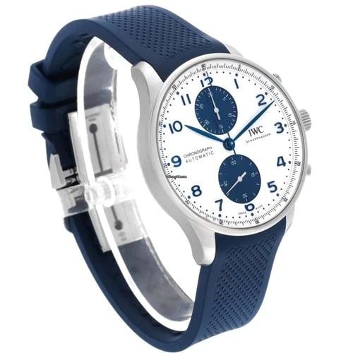 NEW IWC PORTUGIESER CHRONOGRAPH STAINLESS STEEL AUTOMATIC 41 MM WATCH IW371620: NEW IWC PORTUGIESER CHRONOGRAPH STAINLESS STEEL AUTOMATIC 41 MM WATCH Manufacturer IWC Category Portugieser Subcategory Chronograph Reference Number IW371620 Band Color Blue Band Type Rubber Box Yes C